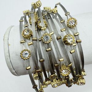 Silver And Gold Tone Wire Bangle Bracelets Stack Of 12 Rhinestone Mixed Metal